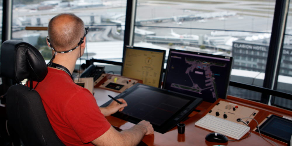 Air traffic controller at Arlanda airport using eye tracking glasses